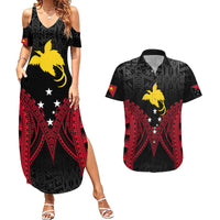 Personalised PNG Couples Matching Summer Maxi Dress and Hawaiian Shirt Papua Motuan Mirror Style LT7 Black - Polynesian Pride