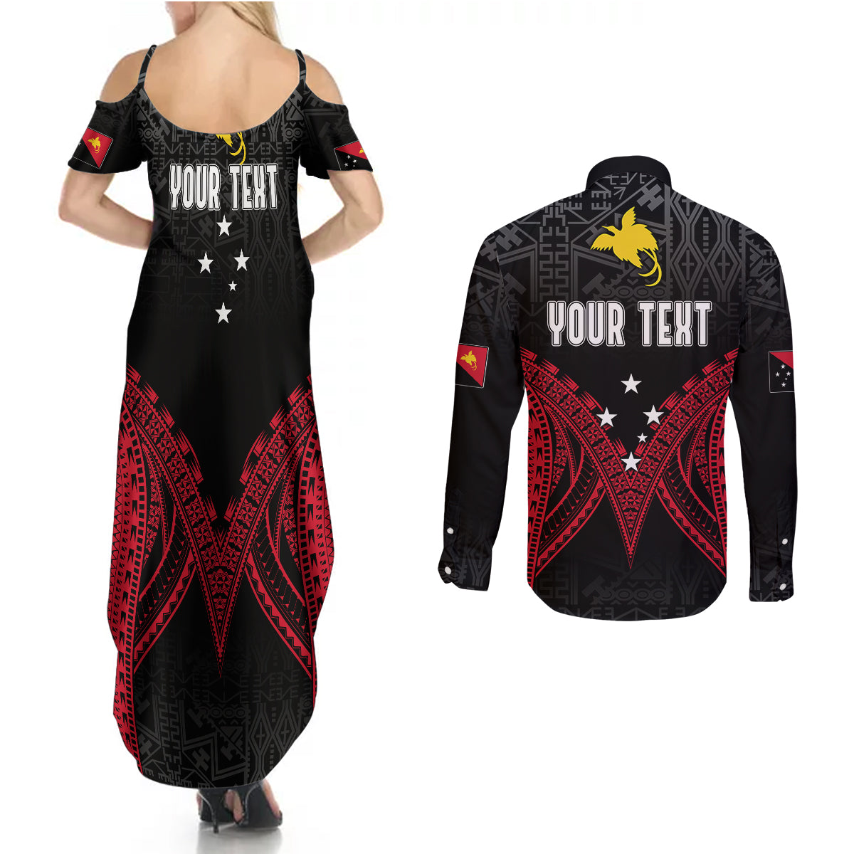 Personalised PNG Couples Matching Summer Maxi Dress and Long Sleeve Button Shirts Papua Motuan Mirror Style LT7 - Polynesian Pride