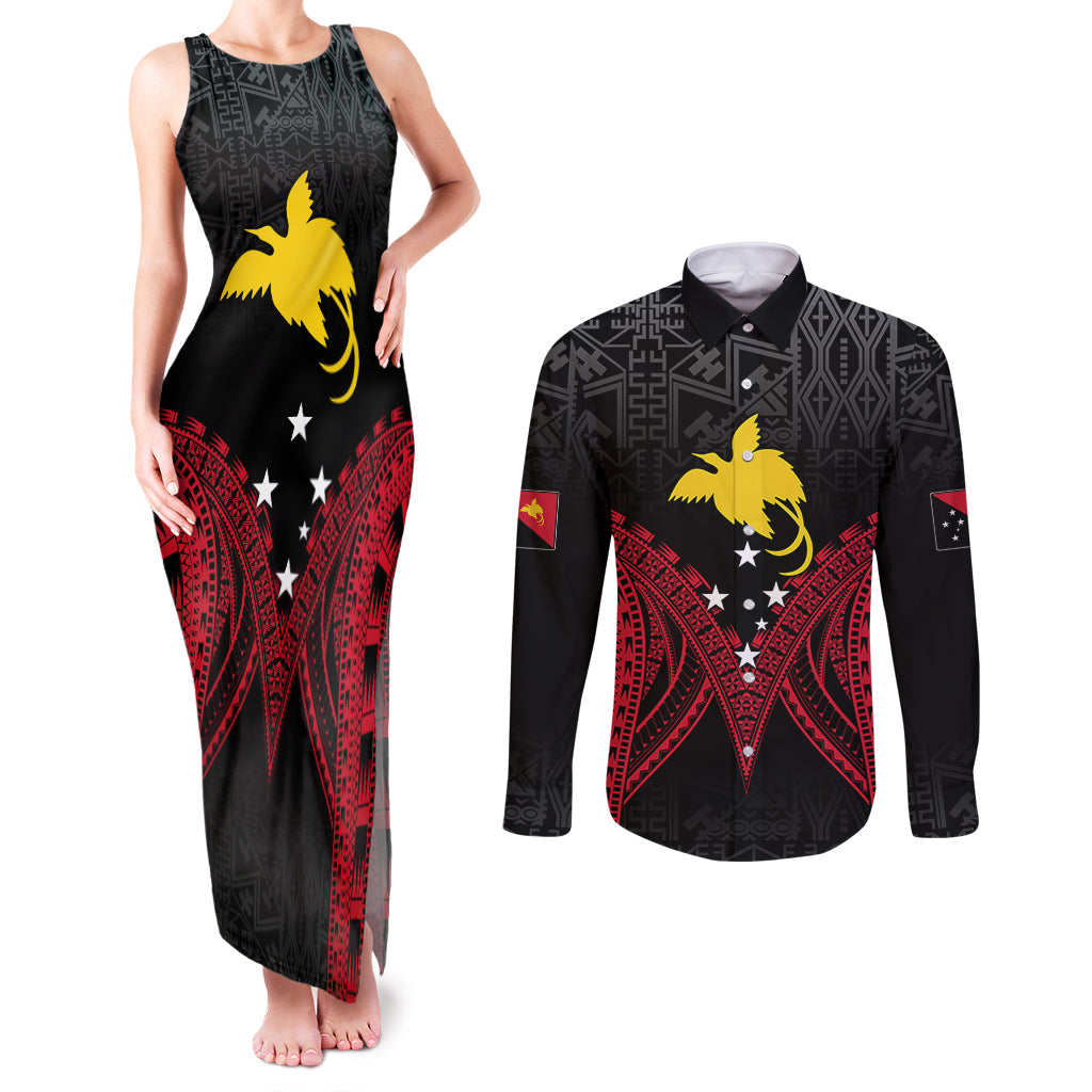 Personalised PNG Couples Matching Tank Maxi Dress and Long Sleeve Button Shirts Papua Motuan Mirror Style LT7 Black - Polynesian Pride