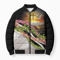 Hawaii Mokihana Mix Pikake Leis Mahalo 'Olelo Bomber Puffer Jacket Black LT7 Unisex Black - Polynesian Pride