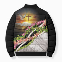 Hawaii Mokihana Mix Pikake Leis Mahalo 'Olelo Bomber Puffer Jacket Black LT7 - Polynesian Pride