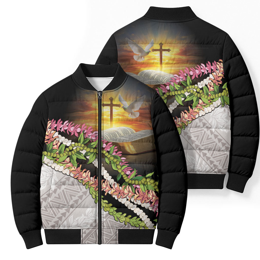 Hawaii Mokihana Mix Pikake Leis Mahalo 'Olelo Bomber Puffer Jacket Black LT7 - Polynesian Pride
