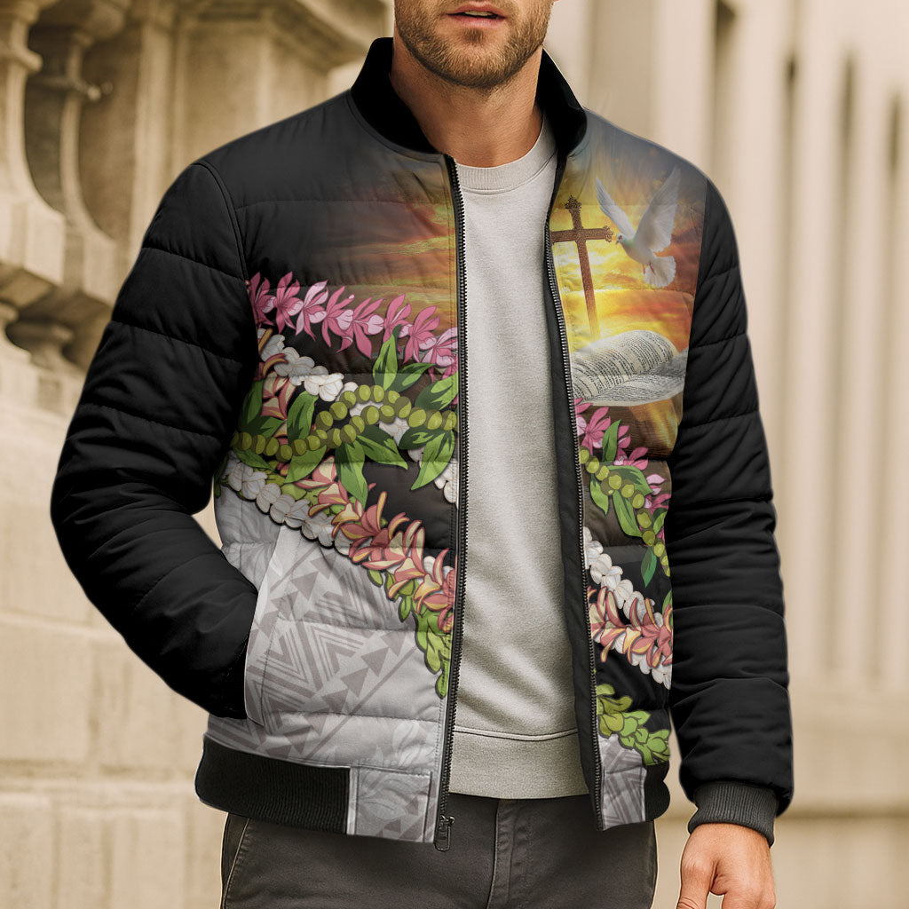 Hawaii Mokihana Mix Pikake Leis Mahalo 'Olelo Bomber Puffer Jacket Black LT7 - Polynesian Pride