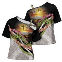 Hawaii Mokihana Mix Pikake Leis Mahalo 'Olelo Cross Shoulder Shirt Black LT7 - Polynesian Pride