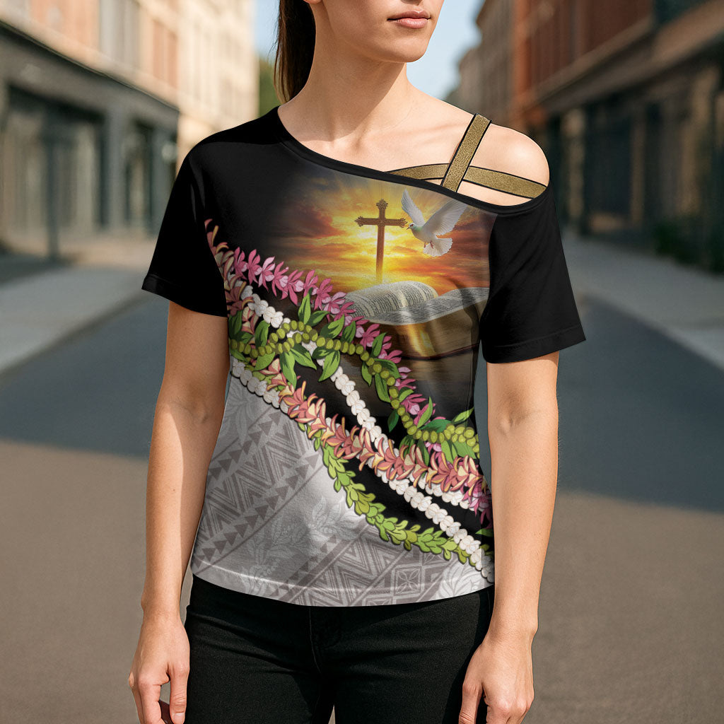 Hawaii Mokihana Mix Pikake Leis Mahalo 'Olelo Cross Shoulder Shirt Black LT7 - Polynesian Pride