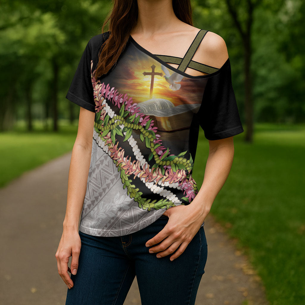Hawaii Mokihana Mix Pikake Leis Mahalo 'Olelo Cross Shoulder Shirt Black LT7 - Polynesian Pride