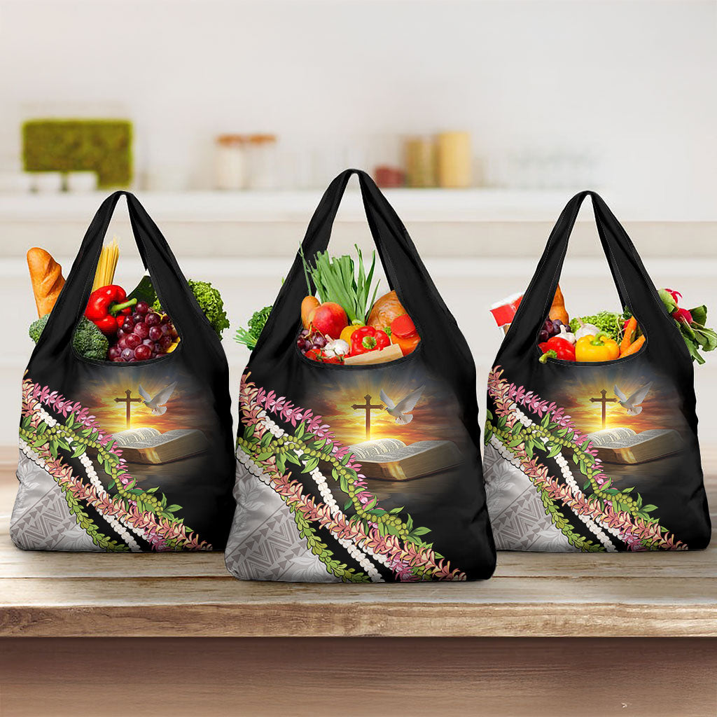Hawaii Mokihana Mix Pikake Leis Mahalo 'Olelo Grocery Bag Black LT7 3-pack One Size Black - Polynesian Pride