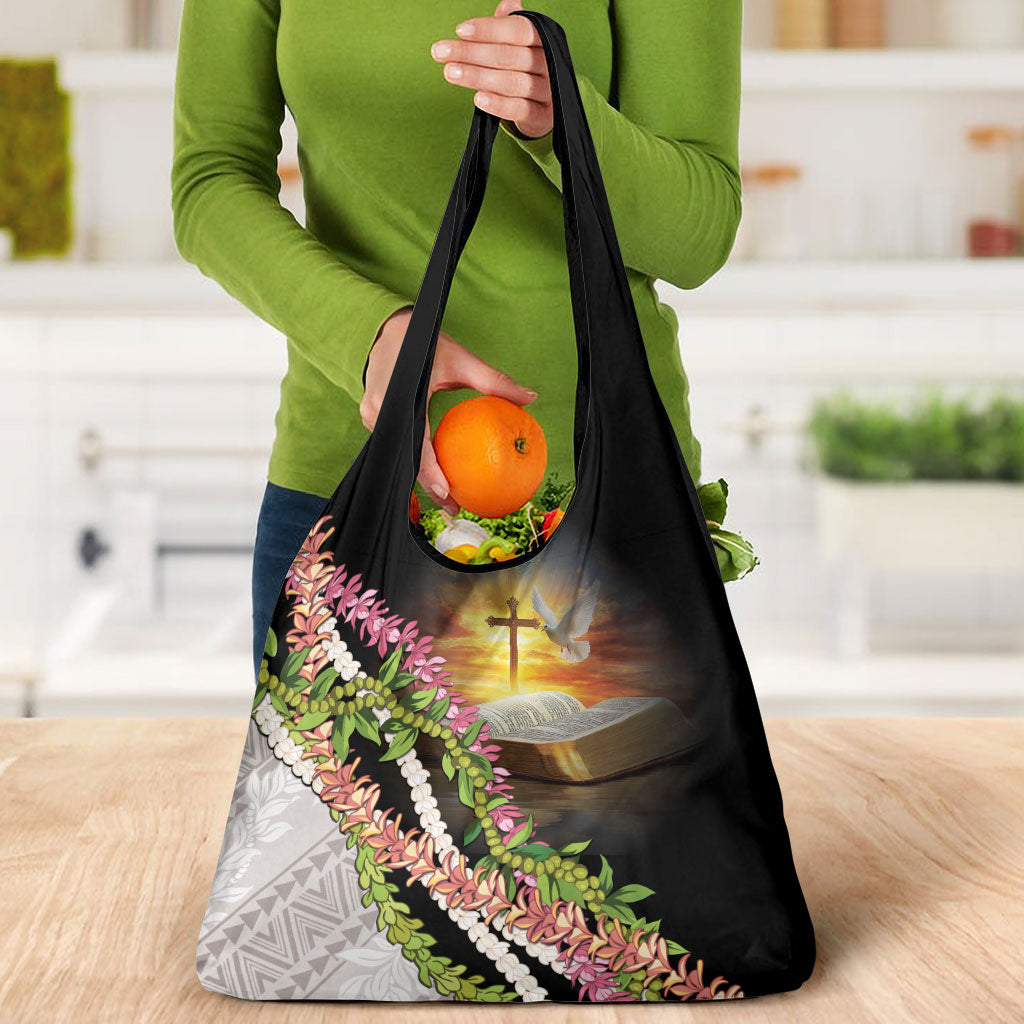 Hawaii Mokihana Mix Pikake Leis Mahalo 'Olelo Grocery Bag Black LT7 - Polynesian Pride