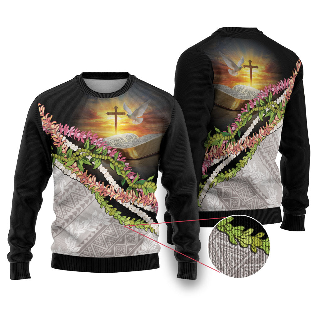 Hawaii Mokihana Mix Pikake Leis Mahalo 'Olelo Ugly Christmas Sweater Black LT7 Black - Polynesian Pride