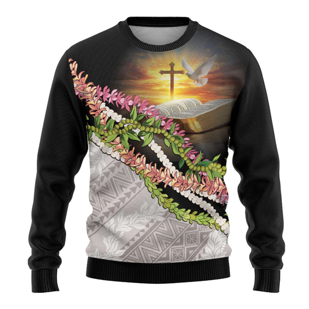 Hawaii Mokihana Mix Pikake Leis Mahalo 'Olelo Ugly Christmas Sweater Black LT7 - Polynesian Pride
