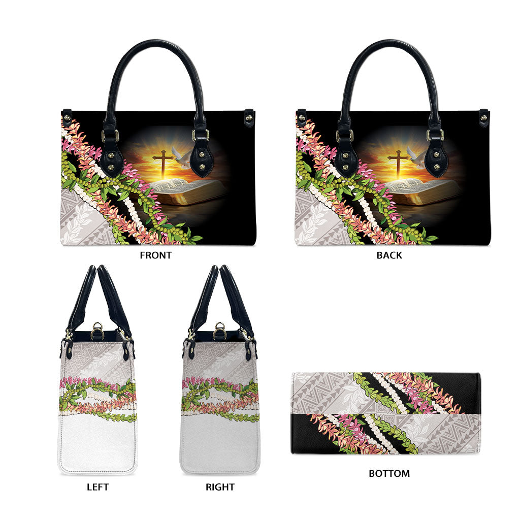 Hawaii Mokihana Mix Pikake Leis Mahalo 'Olelo Leather Bag Black LT7 - Polynesian Pride