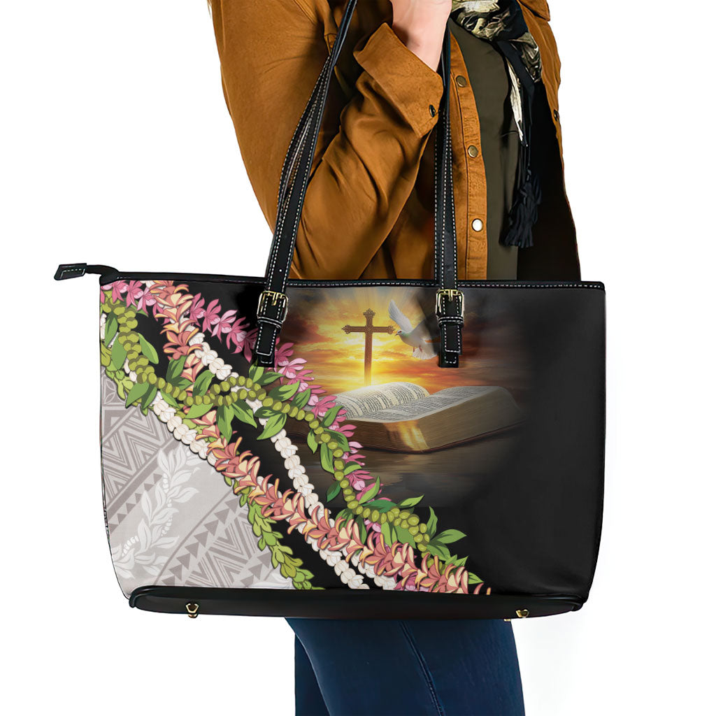 Hawaii Mokihana Mix Pikake Leis Mahalo 'Olelo Leather Tote Bag Black LT7 - Polynesian Pride