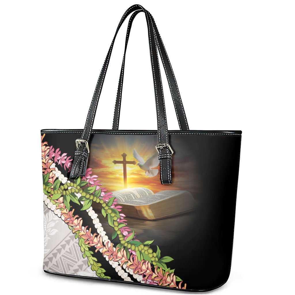 Hawaii Mokihana Mix Pikake Leis Mahalo 'Olelo Leather Tote Bag Black LT7 - Polynesian Pride