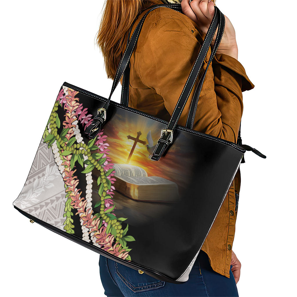 Hawaii Mokihana Mix Pikake Leis Mahalo 'Olelo Leather Tote Bag Black LT7 - Polynesian Pride
