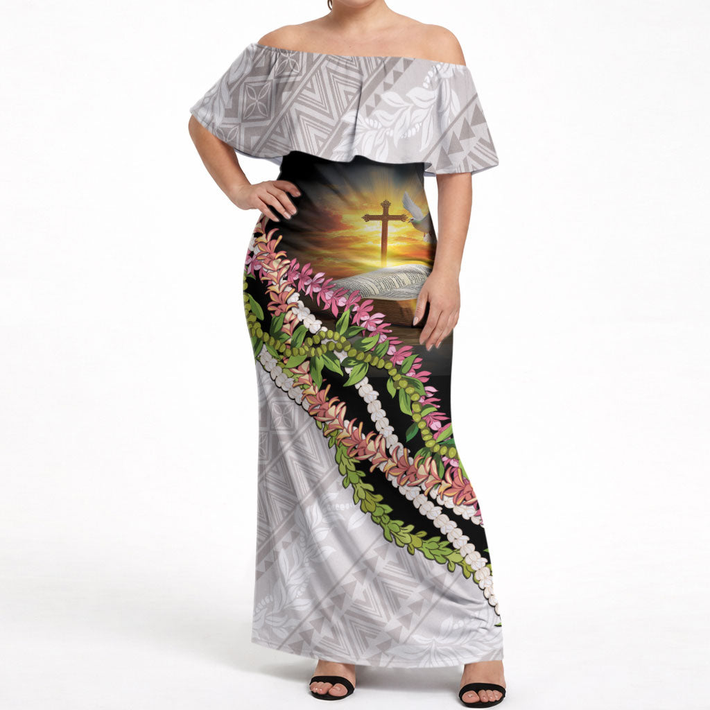Hawaii Mokihana Mix Pikake Leis Mahalo 'Olelo Off Shoulder Maxi Dress Black LT7 Women Black - Polynesian Pride