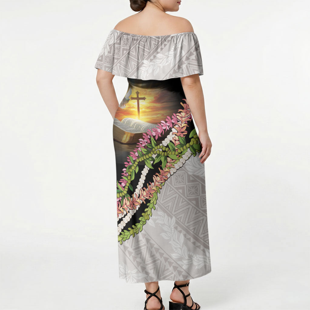 Hawaii Mokihana Mix Pikake Leis Mahalo 'Olelo Off Shoulder Maxi Dress Black LT7 - Polynesian Pride