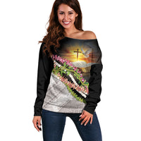 Hawaii Mokihana Mix Pikake Leis Mahalo 'Olelo Off Shoulder Sweater Black LT7 Women Black - Polynesian Pride