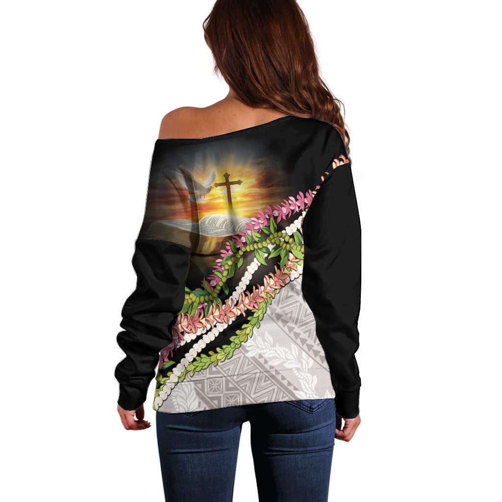 Hawaii Mokihana Mix Pikake Leis Mahalo 'Olelo Off Shoulder Sweater Black LT7 - Polynesian Pride
