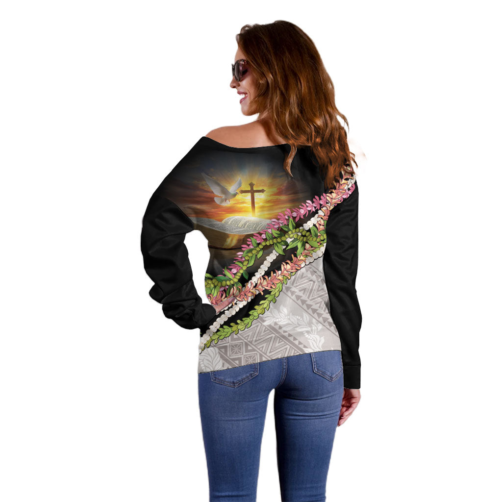 Hawaii Mokihana Mix Pikake Leis Mahalo 'Olelo Off Shoulder Sweater Black LT7 - Polynesian Pride