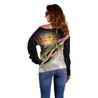 Hawaii Mokihana Mix Pikake Leis Mahalo 'Olelo Off Shoulder Sweater Black LT7 - Polynesian Pride