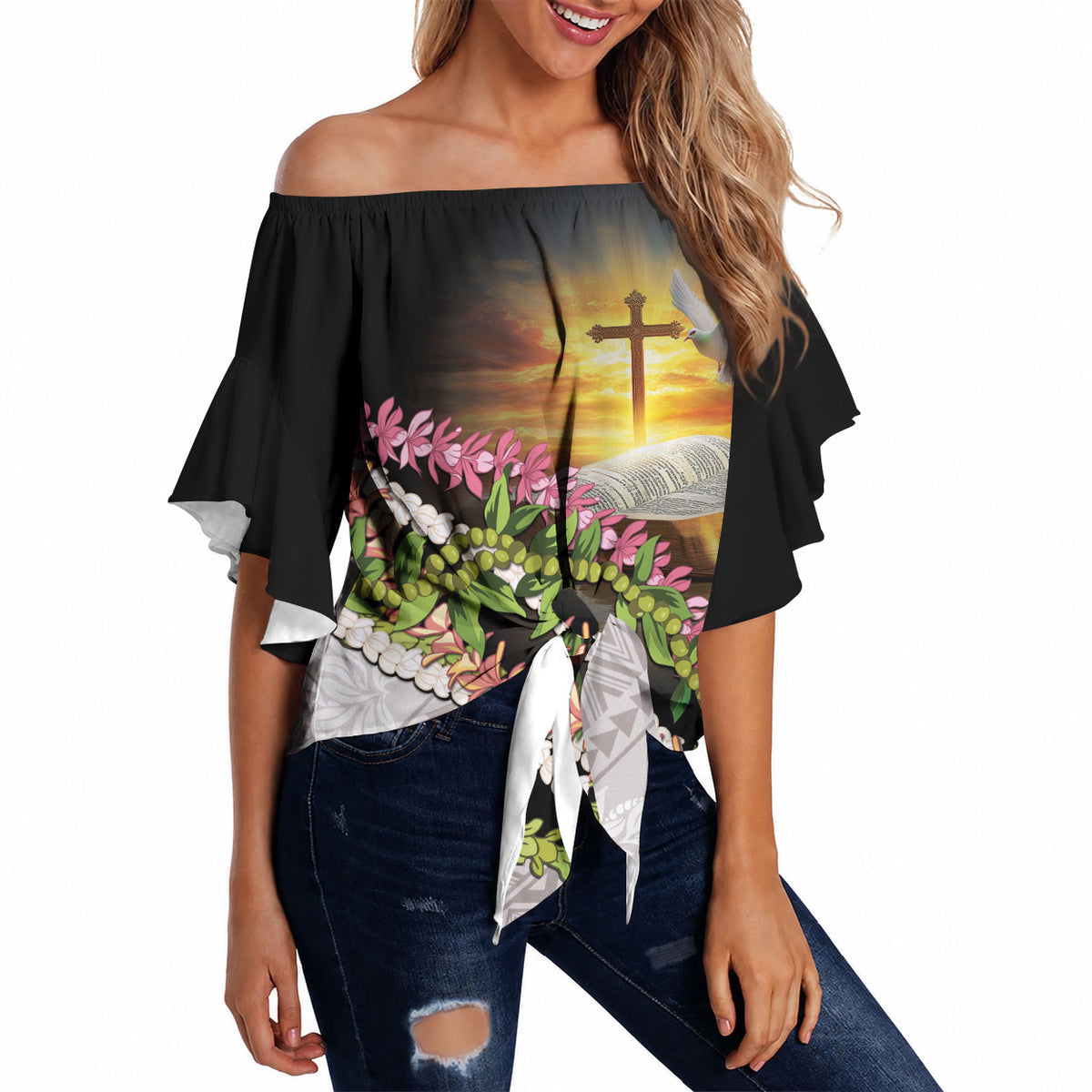 Hawaii Mokihana Mix Pikake Leis Mahalo 'Olelo Off Shoulder Wrap Waist Top Black LT7 Black - Polynesian Pride