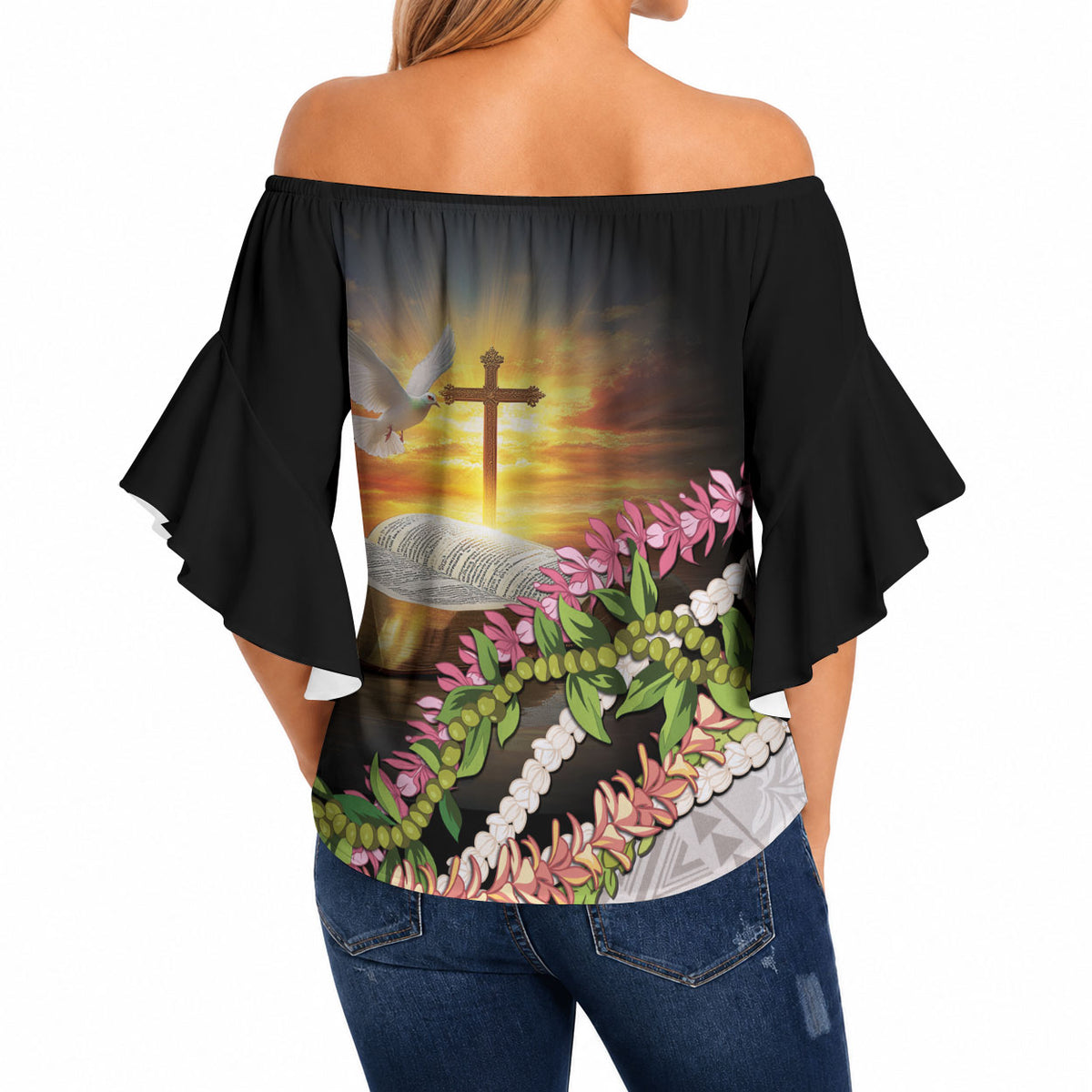 Hawaii Mokihana Mix Pikake Leis Mahalo 'Olelo Off Shoulder Wrap Waist Top Black LT7 - Polynesian Pride