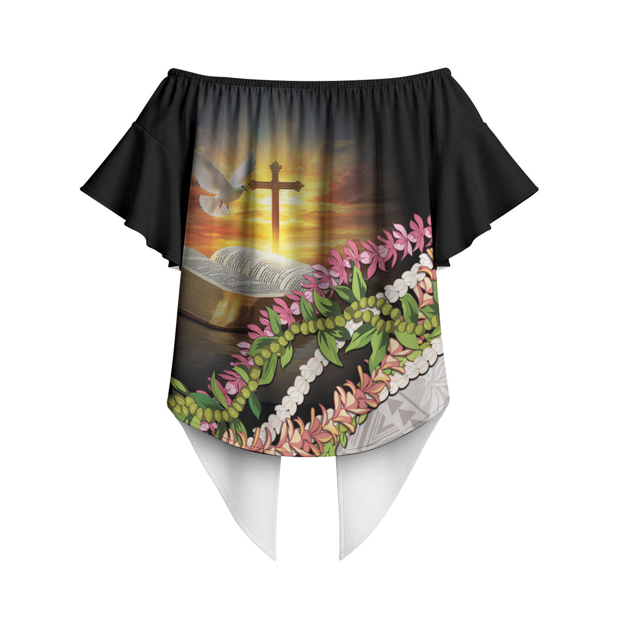 Hawaii Mokihana Mix Pikake Leis Mahalo 'Olelo Off Shoulder Wrap Waist Top Black LT7 - Polynesian Pride