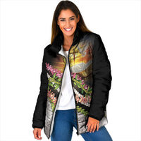Hawaii Mokihana Mix Pikake Leis Mahalo 'Olelo Padded Jacket Black LT7 Women Black - Polynesian Pride