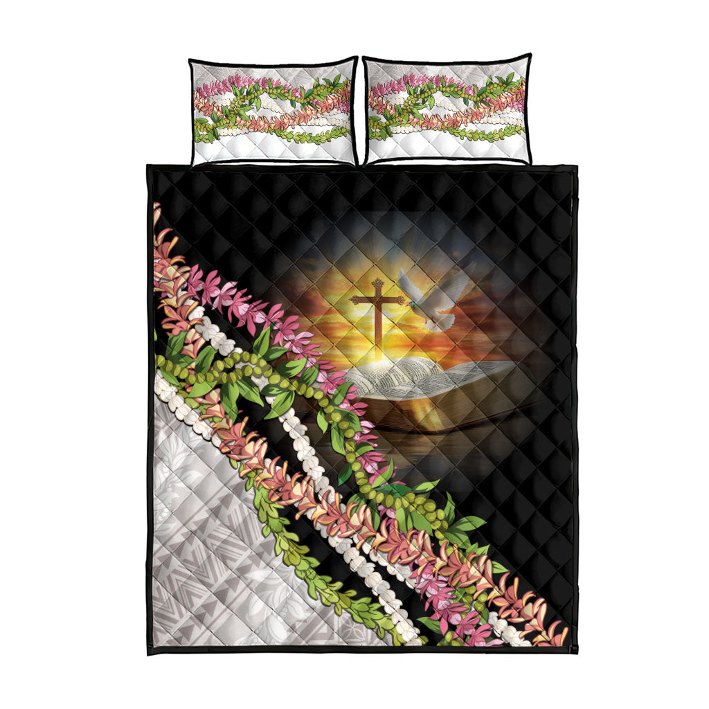 Hawaii Mokihana Mix Pikake Leis Mahalo 'Olelo Quilt Bed Set Black LT7 - Polynesian Pride