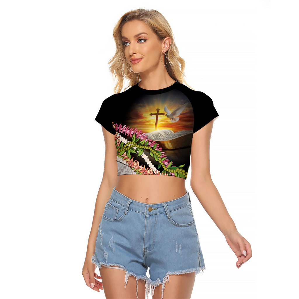 Hawaii Mokihana Mix Pikake Leis Mahalo 'Olelo Raglan Cropped T Shirt Black LT7 Female Black - Polynesian Pride