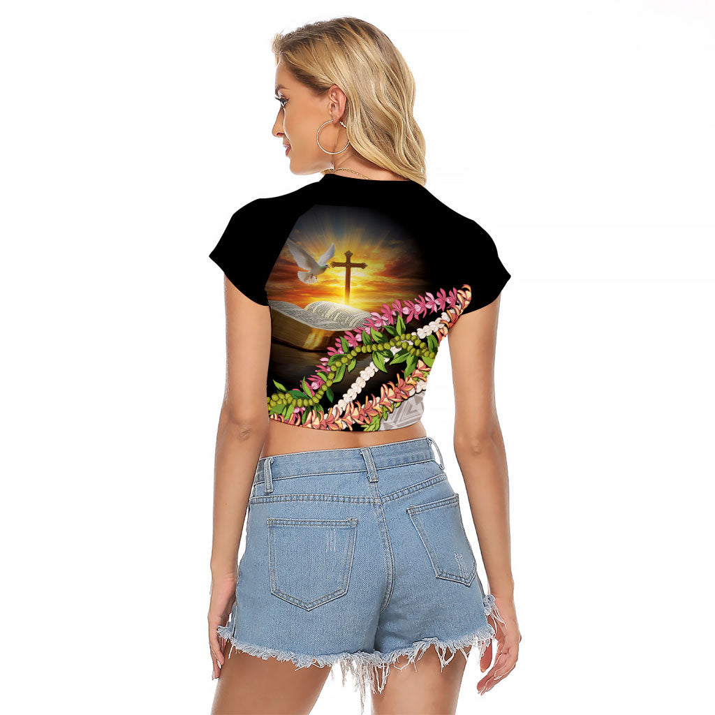 Hawaii Mokihana Mix Pikake Leis Mahalo 'Olelo Raglan Cropped T Shirt Black LT7 - Polynesian Pride