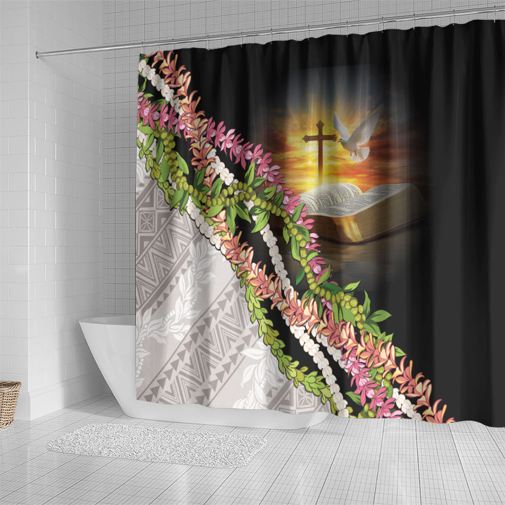 Hawaii Mokihana Mix Pikake Leis Mahalo 'Olelo Shower Curtain Black LT7 - Polynesian Pride