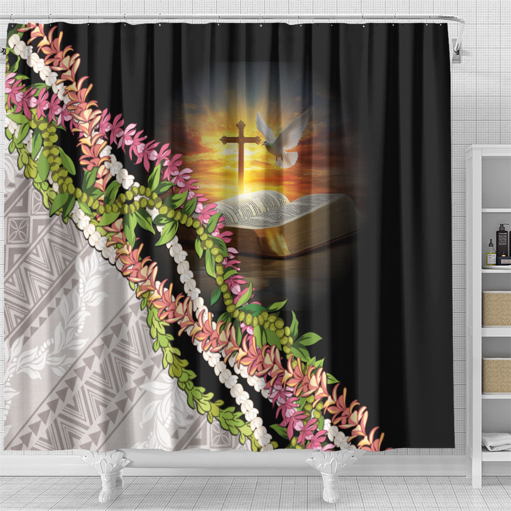Hawaii Mokihana Mix Pikake Leis Mahalo 'Olelo Shower Curtain Black LT7 - Polynesian Pride
