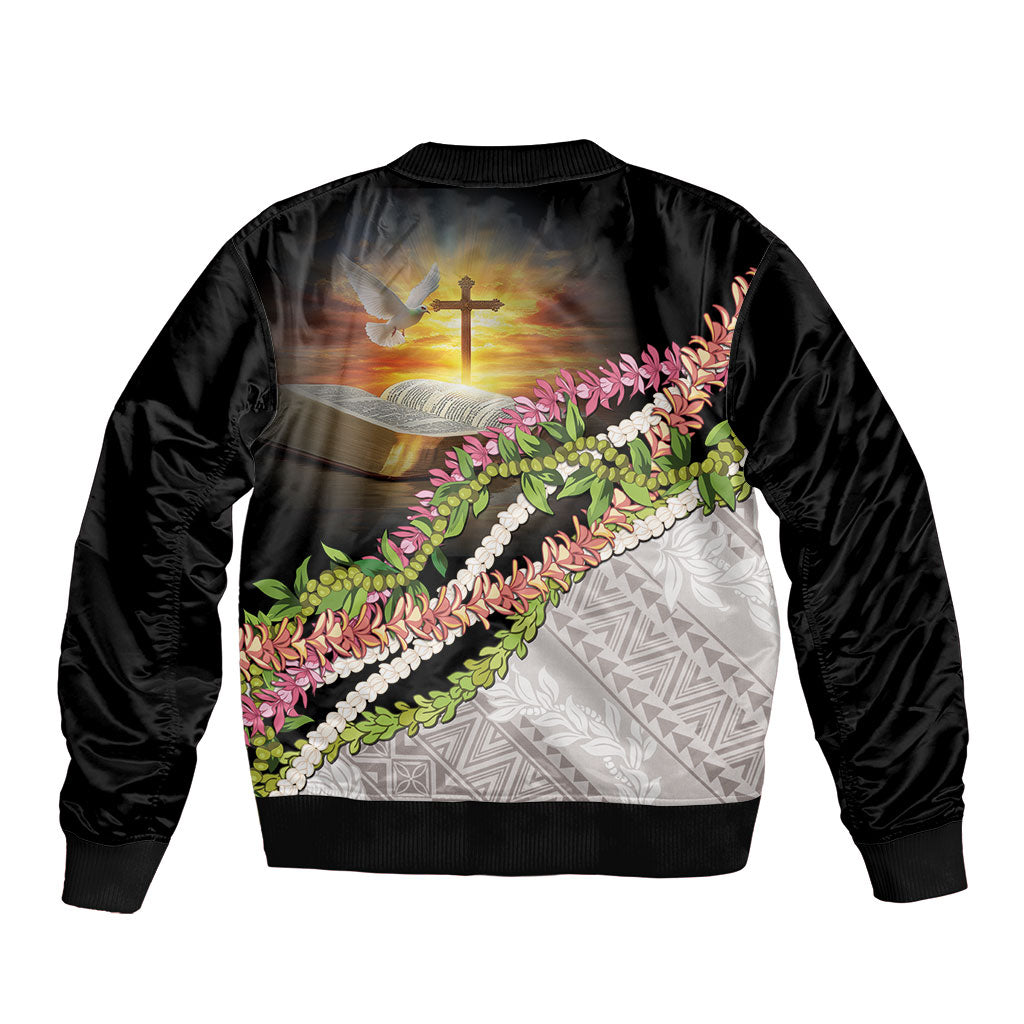 Hawaii Mokihana Mix Pikake Leis Mahalo 'Olelo Sleeve Zip Bomber Jacket Black LT7 - Polynesian Pride
