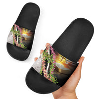 Hawaii Mokihana Mix Pikake Leis Mahalo 'Olelo Slide Sandals Black LT7 - Polynesian Pride