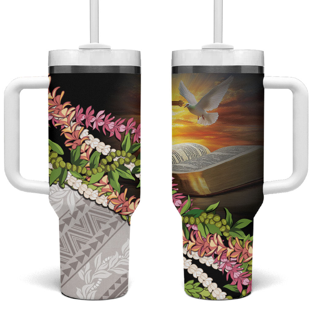 Hawaii Mokihana Mix Pikake Leis Mahalo 'Olelo Tumbler With Handle Black LT7 One Size: 40 oz Black - Polynesian Pride