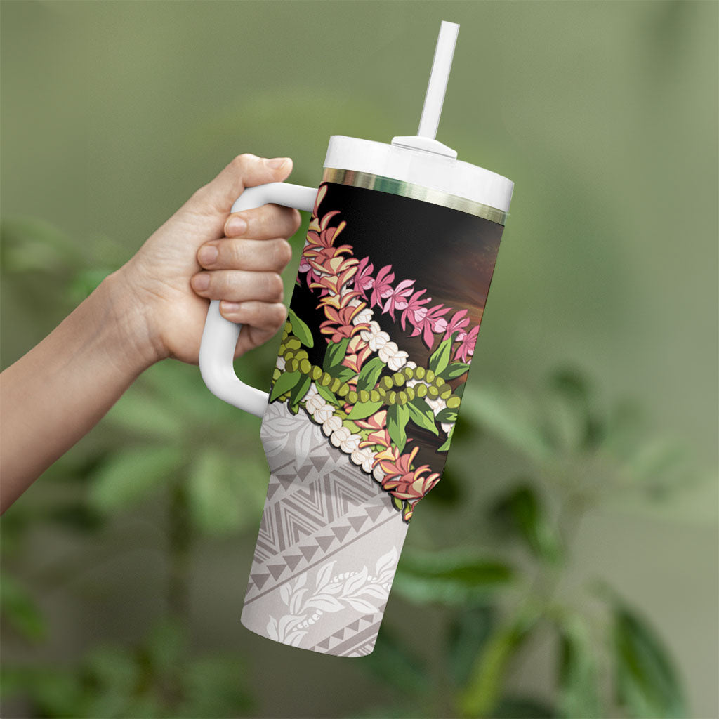 Hawaii Mokihana Mix Pikake Leis Mahalo 'Olelo Tumbler With Handle Black LT7 - Polynesian Pride