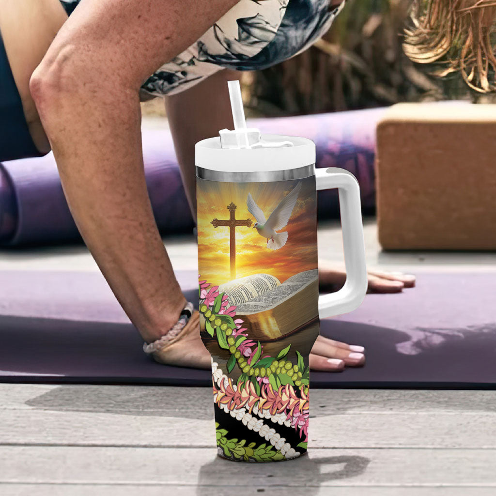 Hawaii Mokihana Mix Pikake Leis Mahalo 'Olelo Tumbler With Handle Black LT7 - Polynesian Pride