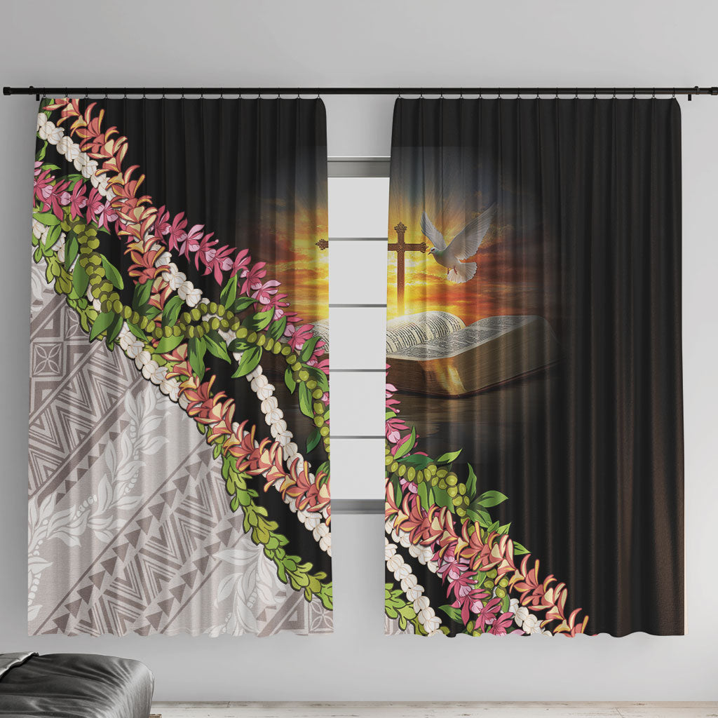 Hawaii Mokihana Mix Pikake Leis Mahalo 'Olelo Window Curtain Black LT7 With Hooks Black - Polynesian Pride