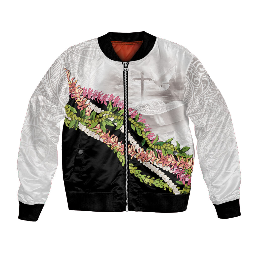 Hawaii Mokihana Mix Pikake Leis Mahalo 'Olelo Bomber Jacket White Tapa LT7 Unisex White - Polynesian Pride