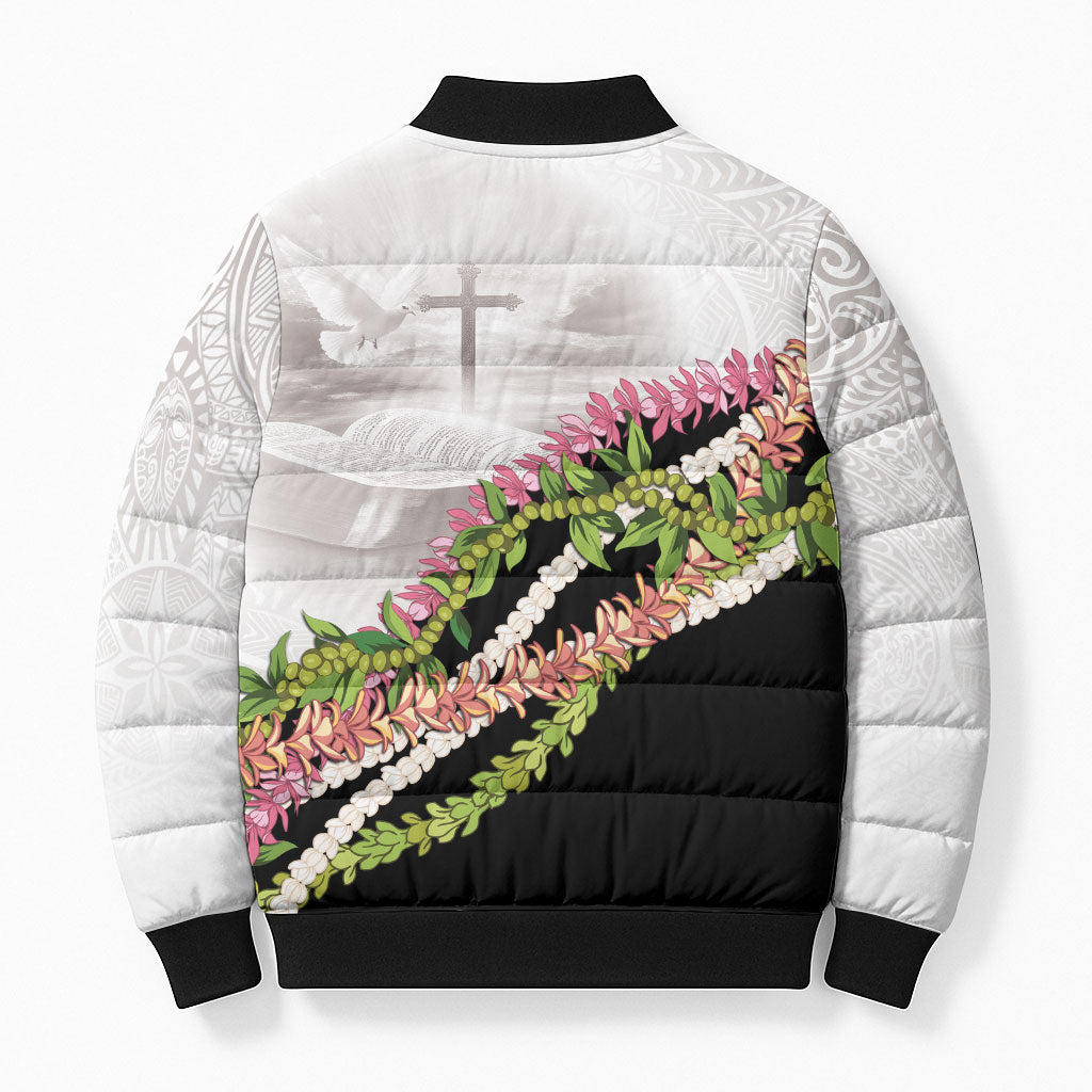 Hawaii Mokihana Mix Pikake Leis Mahalo 'Olelo Bomber Puffer Jacket White Tapa LT7 - Polynesian Pride