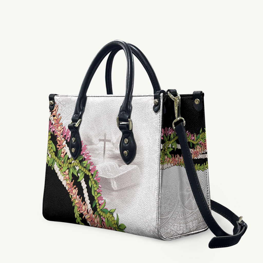 Hawaii Mokihana Mix Pikake Leis Mahalo 'Olelo Leather Bag White Tapa LT7 White - Polynesian Pride