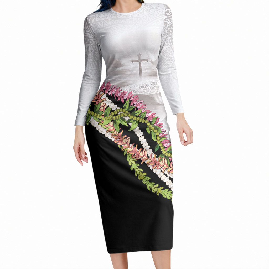 Hawaii Mokihana Mix Pikake Leis Mahalo 'Olelo Long Sleeve Bodycon Dress White Tapa LT7 Long Dress White - Polynesian Pride
