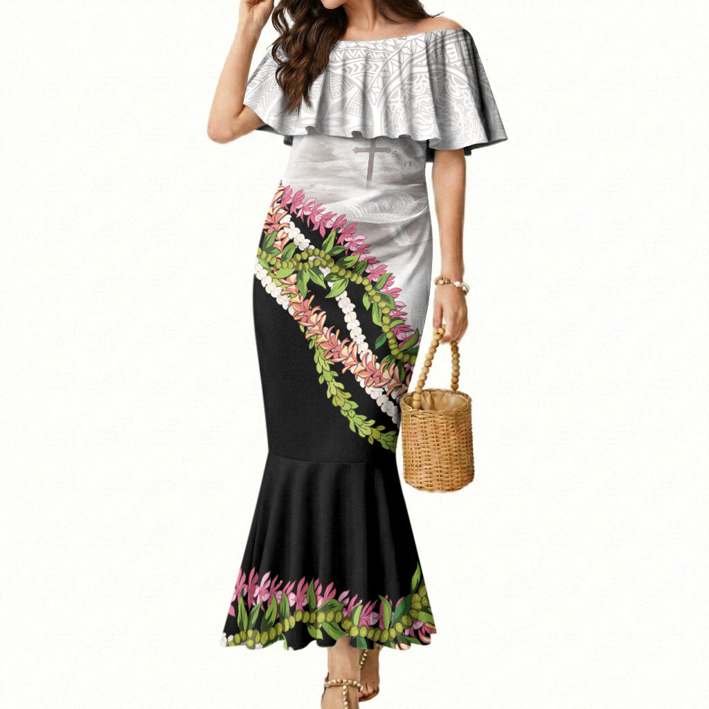 Hawaii Mokihana Mix Pikake Leis Mahalo 'Olelo Mermaid Dress White Tapa LT7 Women White - Polynesian Pride