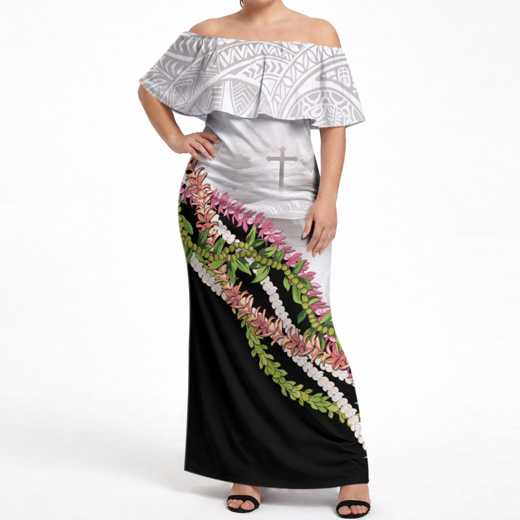 Hawaii Mokihana Mix Pikake Leis Mahalo 'Olelo Off Shoulder Maxi Dress White Tapa LT7 Women White - Polynesian Pride