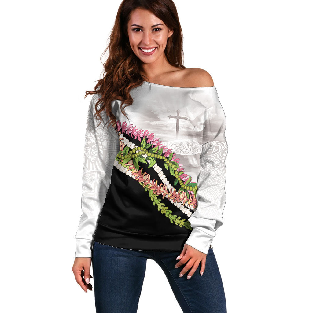 Hawaii Mokihana Mix Pikake Leis Mahalo 'Olelo Off Shoulder Sweater White Tapa LT7 Women White - Polynesian Pride