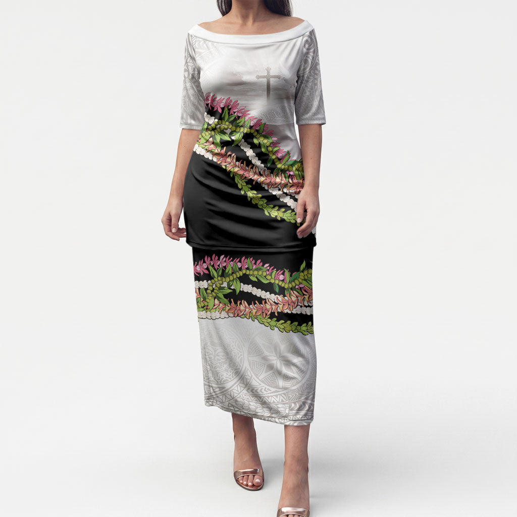 Hawaii Mokihana Mix Pikake Leis Mahalo 'Olelo Puletasi White Tapa LT7 Long Dress White - Polynesian Pride