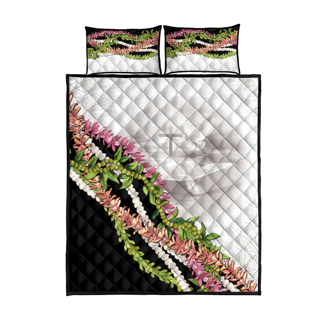 Hawaii Mokihana Mix Pikake Leis Mahalo 'Olelo Quilt Bed Set White Tapa LT7 - Polynesian Pride