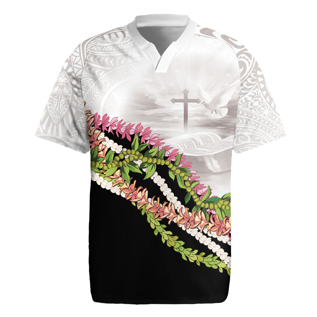 Hawaii Mokihana Mix Pikake Leis Mahalo 'Olelo Rugby Jersey White Tapa LT7 White - Polynesian Pride