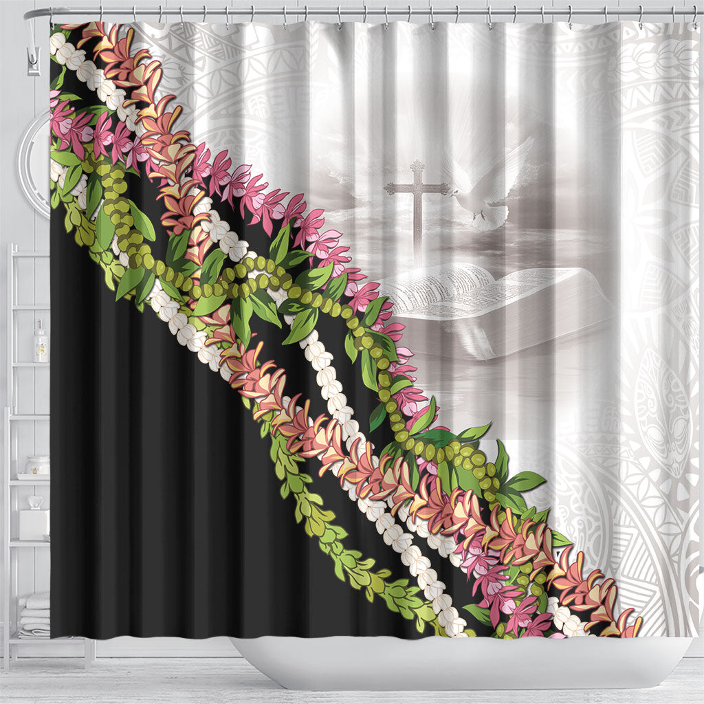 Hawaii Mokihana Mix Pikake Leis Mahalo 'Olelo Shower Curtain White Tapa LT7 - Polynesian Pride
